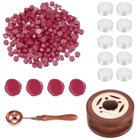 PATIKIL Wax Seal Kit, 300 Pcs Wax Sealing Beads, Wooden Warmer, Melted Spoon, 10 Pcs Tealight Candles for Envelope Letter Mailing Crafts DIY, Golden Red