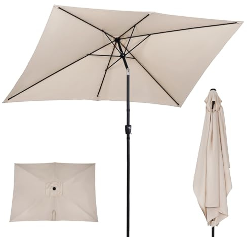 ZealWe Ombrellone da giardino, 3 x 2 m, parasole per esterni, con manovella inclinabile e 6 stecche, per patio, spiaggia, piscina, prato, cortile, Beige, 3x2m