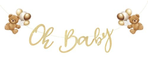 CHarmeFleur Oh Baby Banner para Decoraciones de Baby Shower de Osito Neutral Esperamos con Ansias Banner de Osito Baby Shower Cartel Dorado Banner de Baby Shower