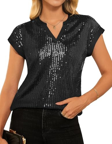 GRACE KARIN Damen Pailletten Bluse Elegant V Ausschnitt Kurzarm Cocktail Club Night Outfits L Schwarz