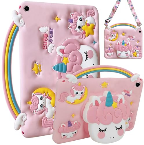 A-BEAUTY Funda Niños Compatible con Samsung Galaxy Tab A8 10.5 Pulgadas (SM-X200/X205/X207), Silicona Antichoque Unicornio con Asa Soporte, Correa para el Hombro