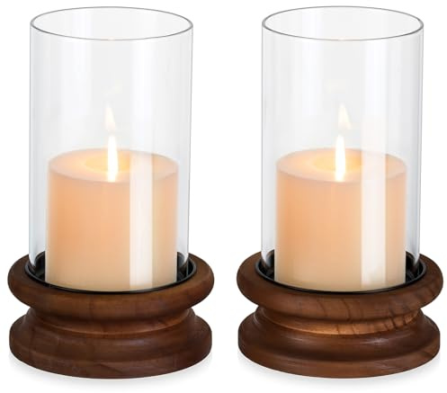 Hewory Windlicht Glas Deko Wohnzimmer: 2er Set Vintage Glaszylinder für Kerzen mit Holz Boden Kerzenhalter Groß für Boho Rustikale Skandinavische Tischdeko Weihnachten