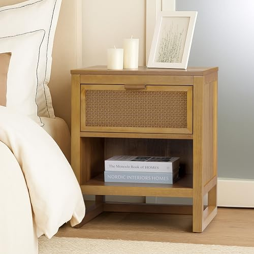 Teamson Home Hatteras 20 W Nightstand with 1 Deep Drawer and Open Shelf Storage in Coastal Modern Style, Ball Bearing Glides, Pine Wood Frames and MDF with Rattan, Natural Finish