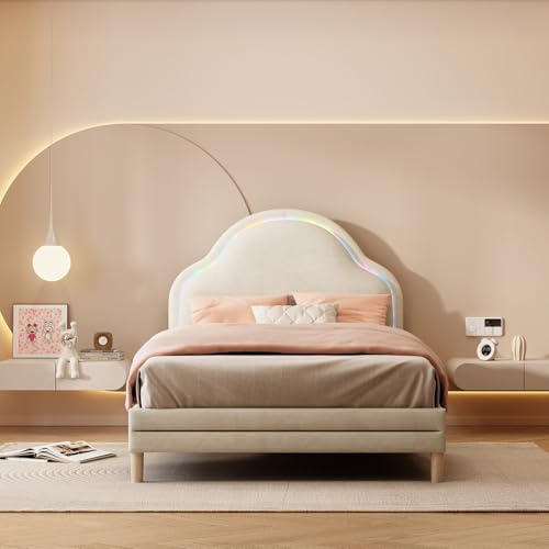 JiaOyu Einzelbett 90x200 cm, LED Bett Kinderbett Prinzessinnenbett für Mädchen, Polsterbett Jugendbett mit Wolken-Design und Gepolstertes Kopfteil für Kinderzimmer, Samt, ohne Matratze (Beige+Wolken)
