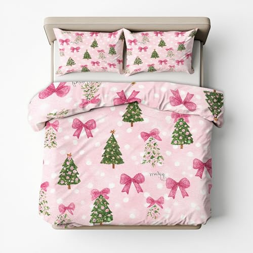 Winter Bettwäsche 135x200 Weihnachten Design, 2teilig - Rosa Schleifen Tannenbaum Bettbezug und 1 Kissenbezug 80x80, Wendebettwäsche, Schlafzimmer Deko, Mikrofaser, mit Reißverschluss SD-1291