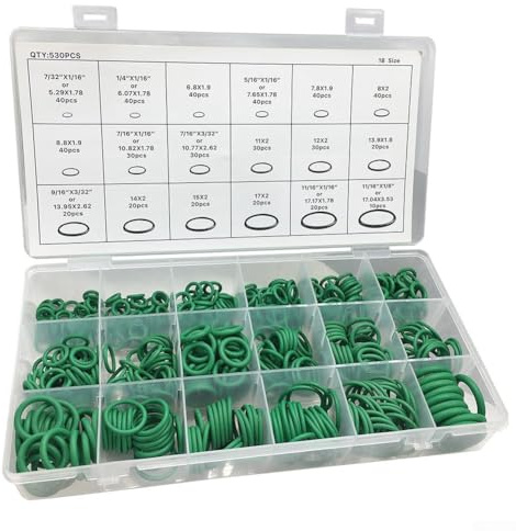 Gettimore 530 Stück O-Ringe 18 Größen für AC Kompressor Auto Klimaanlage Gummidichtungen Grün mit Aufbewahrungsbox