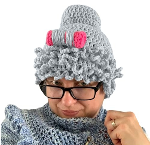 TSMORY Strickmütze mit Lockenwickler, Haarmütze für Damen, Unisex, für Oma, lockig, Straße, Foto, lustiger Pullover, Hut, Cosplay, Kopfbedeckung, Grau