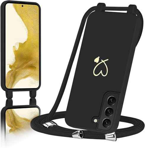 AoozeFon Handyband für Samsung Galaxy S22 Hülle mit Band,Handyhülle Silikon mit Goldenem Herzmuster für Samsung S22, Abnehmbare Stoßdämpfend Handytasche mit Nylon-Lanyard，Schwarz