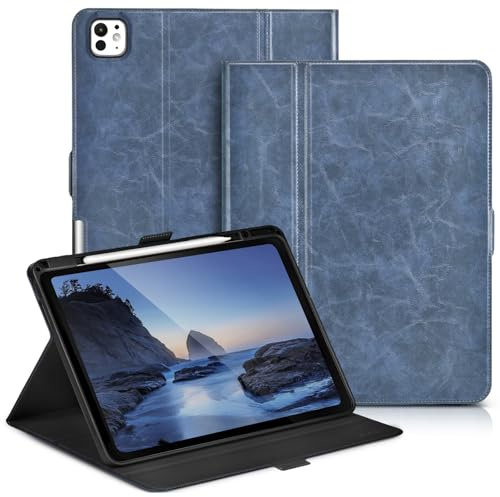Svelabri Hülle für iPad Pro 13 Zoll M5/M4 (2025/2024), Blau | Dünn Leicht, Stifthalter, Auto Schlaf/Wach, PU Leder Schutzhülle, Magnetverschluss, Multi Winkel Ständer,Tippenwinkel