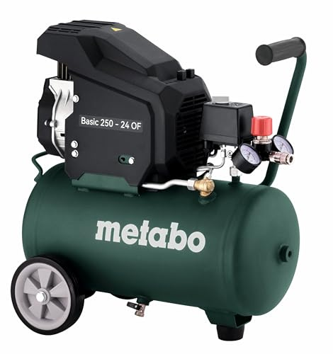 metabo Kompressor Basic 250‑24 OF - 120 l/min Füllleistung, 24 l Kesselgröße, mobiler 8 bar Druckluftkompressor, 240 l/min Ansaugleistung, 1,5 kW - Wartungsarm & ölfrei, für Werkstatt & Heimwerker