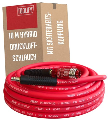 TOOLIFY Hybrid-Druckluftschlauch 10 m mit Sicherheitskupplung & Knickschutz | Flexibler Kompressorschlauch aus Gummi/PVC, 9×15 mm, max. 20 bar, gewebeverstärkt, kälteflexibel, ölbeständig, geruchsneutral