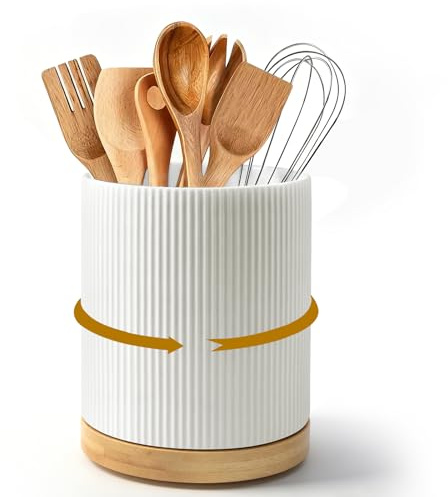 Porte Ustensiles Cuisine en Céramique: Porte-ustensiles en Bois Pivotant à 360°-Facile à Nettoyer Rangement pour ustensiles de Cuisine-Support pour Ustensiles de Cuisine pour Spatules Cuillères