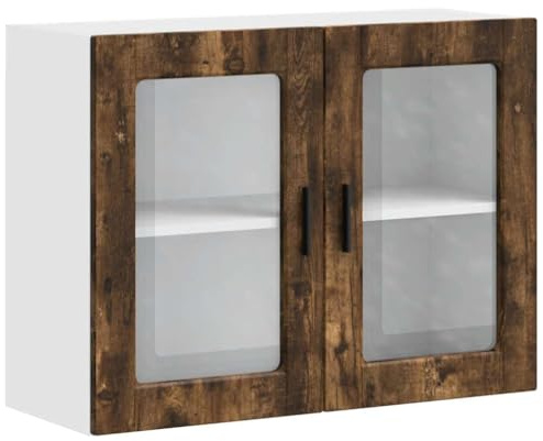 Roanoer Küchen-Hängeschrank Porto mit Glastüren, Wandschrank für die Küche aus Holzwerkstoff, Oberschrank mit 2 Ablagen, Geschirrschrank in Räuchereiche-Optik, 80 x 31 x 60 cm