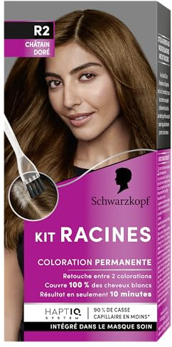 Kit Racines, Schwarzkopf, Coloration Permanente Racines, Enrichie d’une huile nourrissante, Couverture 100% Cheveux Blancs, Retouche entre 2 Colorations en 10 minutes, HaptIQ System, R2 Chatain Dore
