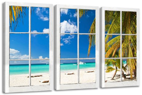 Quadro su tela Finestra con vista, Mari del Sud, vacanza, spiaggia 160 x 90 cm 3 tele modello nr XXL 1164. I quadri sono montati su telai di vero legno. Stampa artistica intelaiata e pronta da appendere