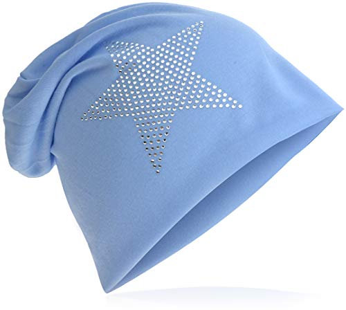Miobo Jersey Slouch Beanie Long Mütze Stern mit Strass Stern Applikation,Babyblau