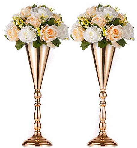 NUPTIO Gold Vase für Hochzeit Tischdeko: 2 Stück 42cm Hohe Blume Trompete Vasen Metall Tische Mittelstück Goldene für Hochzeiten Geburtstag Party Jahrestag Dekorationen