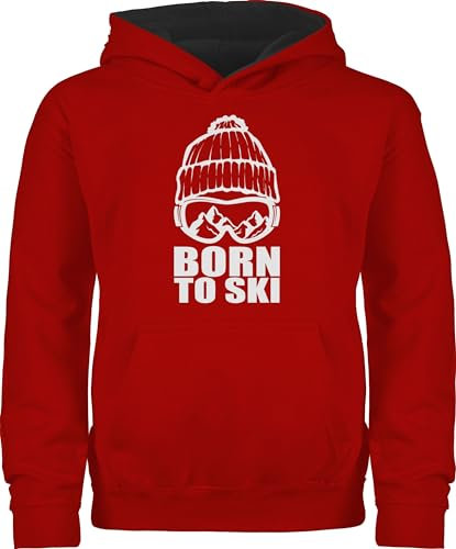 Pullover Kinder Hoodie Jungen Mädchen - Sport Kleidung - Born to Ski - 128 (7/8 Jahre) - Rot/Schwarz - skipullover 25. Geburtstag Berge kinderpulli Skifahren Skifahrer kinderpullover Pulli Hoody