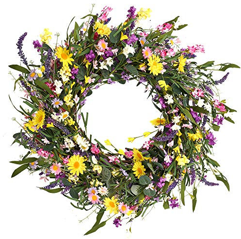 Dekorkranz, 61 cm, Gänseblümchen- und Lavendelkranz, schöner künstlicher Frühlings- und Sommerkranz, Haustür oder Heimdekoration