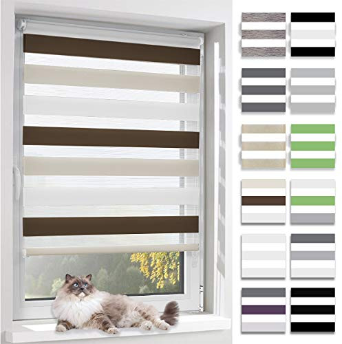 BelleMax Doppelrollo Klemmfix ohne Bohren & mit Bohren, Weiß Creme Braun B75 x H120 cm (Stoffbreite 75cm), Fensterrollo lichtdurchlässig & Blickdicht, Klemmrollo Sichtschutz & Sonnenschutz