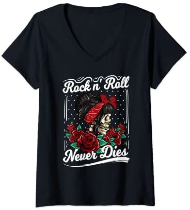 Femme Rock n Roll Never Dies Rockabilly Girl Skull Tattoo Pin-Up T-Shirt avec Col en V