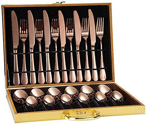 XJST Set di Posate in Acciaio Inox Forgiato 24 Pz, Design Classico E Semplice, Set di Argenteria in Acciaio Inox per Casa/Ufficio/Feste,Rose Gold