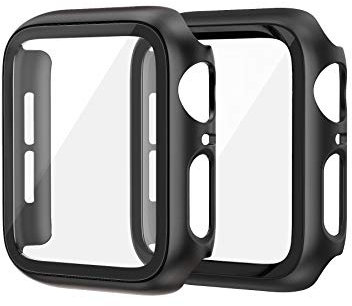EDIMENS 2 Pack Hard PC Case Compatible with Apple Watch 41mm Series 7 Series 8 Women Men, Overall PC Case Slim Tempered Glass Screen Protector Protective Cover for Apple iWatch 41mm SE Black