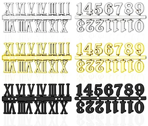 BLUESEABUY 6 Pz Kit Numeri Orologio Inclusi Numero Arabo e Numero Romano Numeri Adesivo Orologio Parete Fai da Te per Sostituzione di Design Riparazione Accessori per Orologi (Oro Argento Nero)