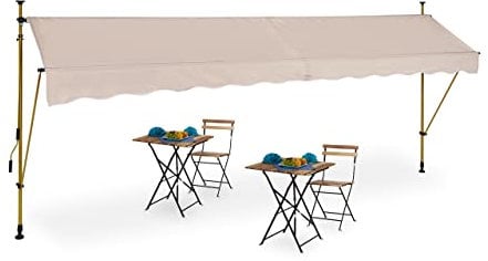 Relaxdays Klemmmarkise, 400 cm breit, höhenverstellbar, Sonnenschutz Balkon ohne Bohren, UV-beständig, Kurbel, sand/gold
