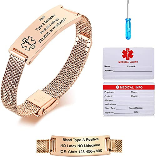 Notfallarmband Medizinisch Damen Personalisiert Uhrenarmband:VNOX Personalisiertes ID Armbänder mit Gravur Verstellbares Medizinischer Armband aus Edelstahl Männer,Roségold
