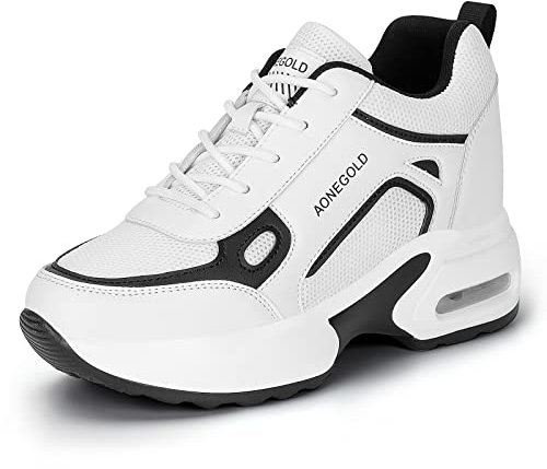 AONEGOLD Sneakers con Zeppa Interna Donna Scarpe da Ginnastica Sportive Casuale Tacco 8(Bianco-Nero 6037,36EU)