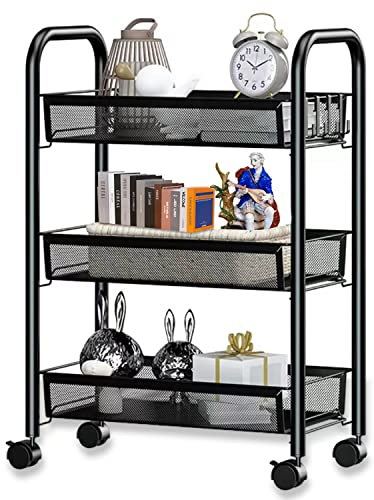 AEESRRU 3-Tier Metall Trolley auf Rädern Küchenregal Abnehmbarer Speicher Manager mit dickem Netz Badezimmer Schlafzimmer Büro Ankleideraum (schwarz) (010)