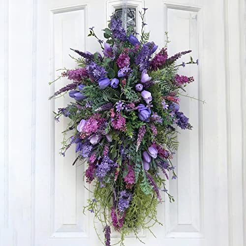 Purple Tulip Wreath, Artificial Lilac Tulip Wreaths Front Door Spring Decoration, Rustic Wreath Hydrangea Wreaths Hanging Garland Pendants Ornaments for Home Festival Farmhouse Wall Decor