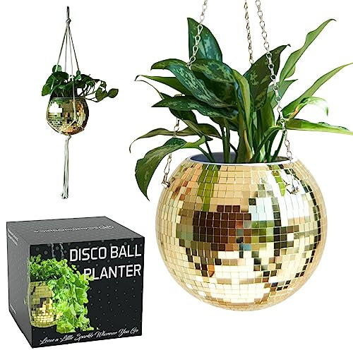 SCANDINORDICA Disco Ball Planter – Value Package: Mirror Disco Planter with Chain, Macrame Hanger and Acrylic Stand for Desk, includes Self Watering Pot, Plant Accessories | 10 inch Gold