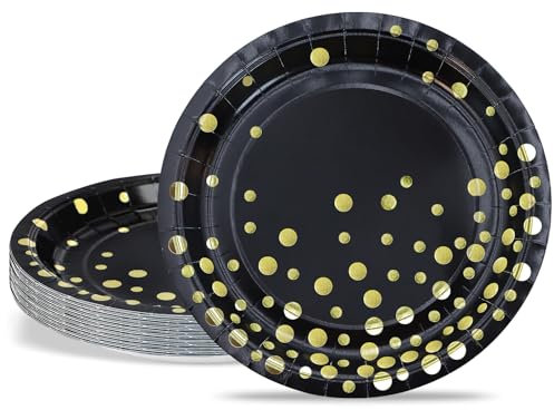 ZVK Piatti per feste, 23cm Piatti di carta Nero con lamina d'oro 24 pezzi Set di piatti da dessert usa e getta per feste di matrimoni, compleanni, lauree, natale, ringraziamenti, halloween
