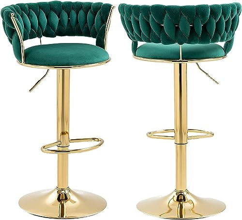 Samt Barhocker 2er set,Höhenverstellbar Barhocker mit Lehne &Armlehne,Ergonomischer Barstuhl mit Handgewebtem Samt und Gold Bein für Kücheninsel, Bar, Restaurant, Drehhocker mit Fußstütze,Smaragd
