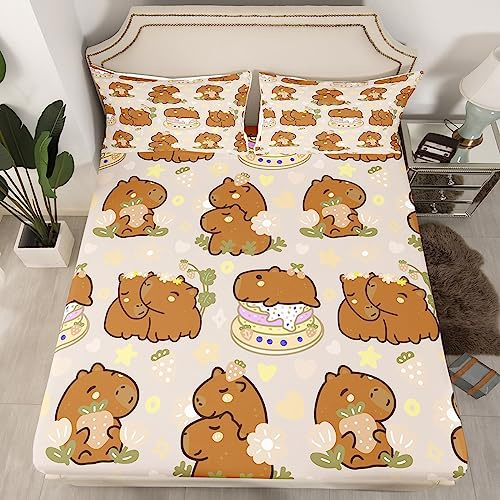 Homewish Nettes Kawaii Tier Capybara Erdbeeren Spannbettlaken 90x200x30 | Spannbetttuch Kuchen Blätter Lustige Wildtiernager Grün Braune Schlafzimmer Dekor Bettlaken Kinder
