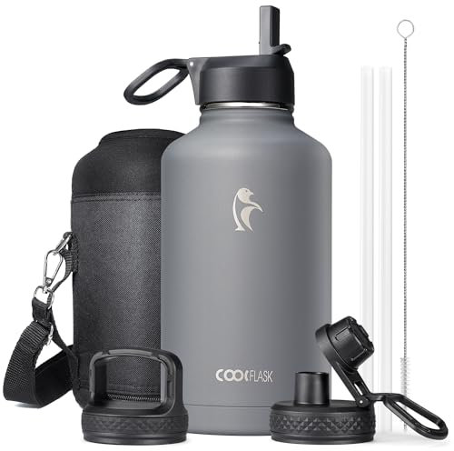 Coolflask Insulated Water Bottle 2L - 3 Lids with Straw & Spout & Handle, Leakproof Vacuum Stainless Steel Water Bottle for Sports, Travel, Gym, 48H Cold & 24H Hot, BPA Free, Slate Grey