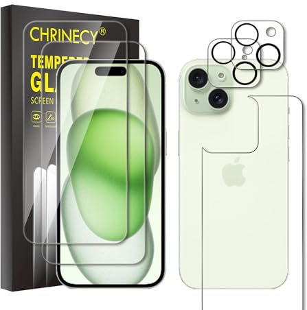 CHRINECY 2xHD Tempered Glass Screen Protectors for iPhone 15 + 2×Camera Lens Protectors+ 1×Back Protector, 9H Hardness, Anti-Scratch, Anti-Fingerprint, No Bubbles