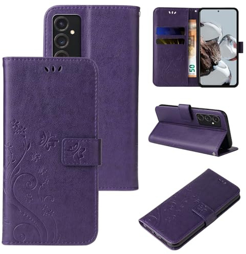 LBH Handy Hülle für Samsung Galaxy S24+ Plus Case Handytasche Schmetterling Blumen Flower Standfunktion Schutzhülle Magnet Rundum Schutz 360 Grad Flipcase Cover Violett