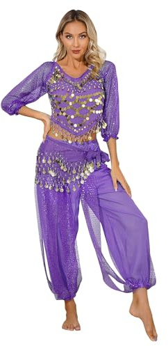 TiaoBug Femme Déguisement Indienne Princesse Robe de Danse du Ventre Paillette Haut Top de Danse Orientale et Harem Pantalon Costume Carnaval Halloween