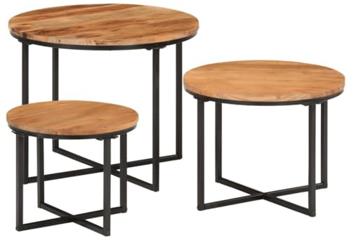 vidaXL Satztisch 3 STK., Nesting Couchtisch für Schlafzimmer Wohnzimmer Büro, Beistelltisch mit viel Platz, Nachttisch Tisch, Massivholz Akazie Eisen