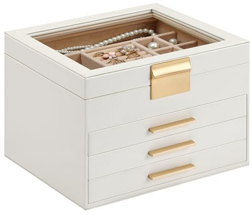 Somduy Schmuckkästchen für Damen, 4 Ebenen, Schmuck-Aufbewahrungsbox mit Glasdeckel, Geschenk für Weihnachten, 3 Schubladen, großes Fassungsvermögen für Halsketten, Ohrringe, Armbänder, Ringe, Weiß