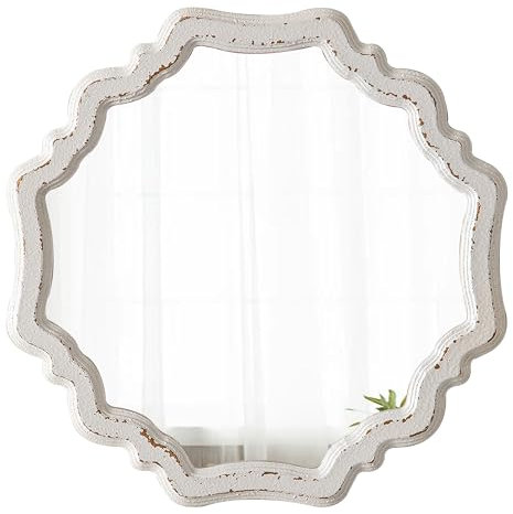 Sintosin Landhaus Dekorative Wandspiegel Rund 40 cm, Distressed Weiß Runder Spiegel mit Holzrahmen, Spiegel Wand im Rustikalen, Rundspiegel für Badezimmer, Waschtisch, Wohnzimmer, Schlafzimmer