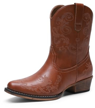 DREAM PAIRS Women's Cowboy Cowgirl Western Ankle Boots Low Chunky Heels Square Toe Fall Short Booties Shoes,Size 5.5,Cognac,SDAB2407W