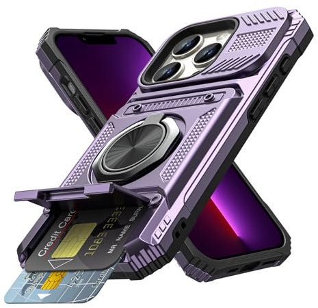 Coolden for iPhone 13 Pro Max Case with Card Holder [Max 2 Cards] Ring Holder Kickstand Shockproof Military Grade Heavy Duty Protective Case Wallet Case Cover for iPhone 13 Pro Max Phone Case-Purple