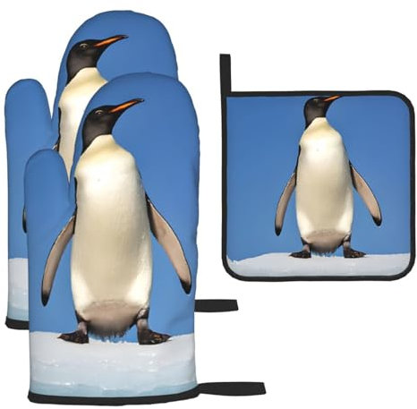 Hitzebeständige Ofenhandschuhe und Topflappen mit niedlichem Pinguin, mit Umhängeband, wasserdicht und langlebig. Für Küche, Grillen und Backen.