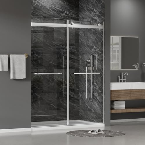 Findepot 56-59 W x 75 H Frameless Shower Door, Double Sliding Shower Door,5/16(8mm) Clear Tempered Glass,Silent Soft-Close Design,Brushed Nickel