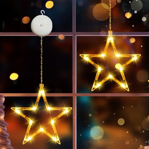 2 Stück LED Sterne Weihnachtsbeleuchtung, 10 LED Lichtervorhang Warmweiß Batteriebetriebene mit Saugnäpfe, Fensterdeko Lichterkette Innen für Weihnachten Deko,Fenster,Zimmer,Balkon,Party,Hochzeit