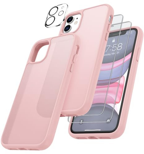 FLLAO 4 en 1 Coque pour iPhone 11 avec 2 Verre Trempé et 1 Caméra Protecteur, [Coussin d'air Intégré] Antichoc Antirayures Bumper Protection Housse pour iPhone 11 6.1, Rose Clair